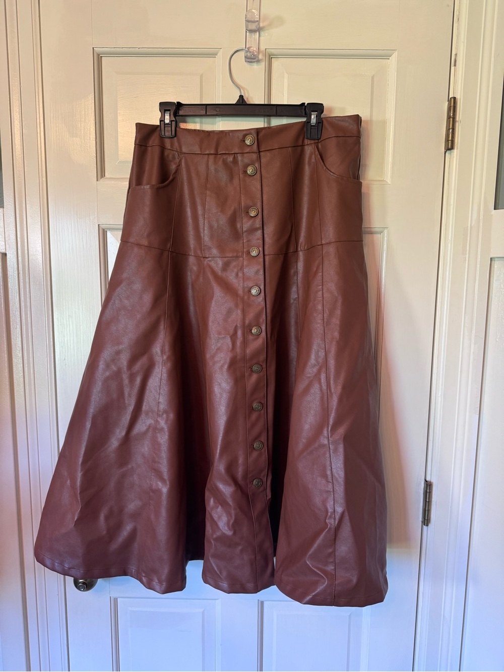 Brown Faux Leather Button-Front Midi Skirt